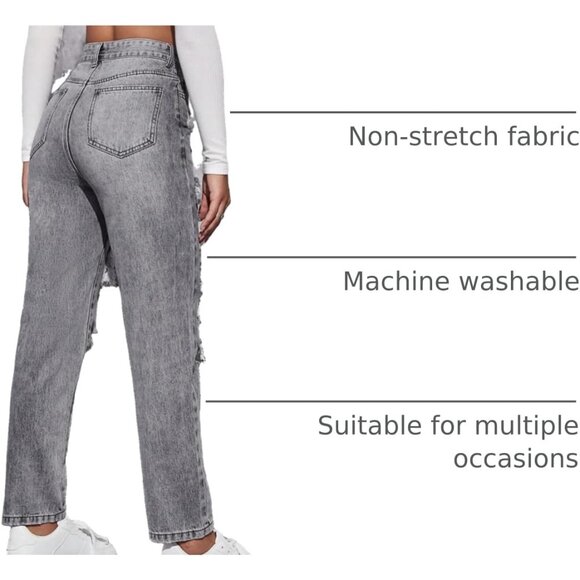 Women's High Waist Boyfriend Ripped Straight Leg Denim Jeans Grey Small - Picture 3 of 7